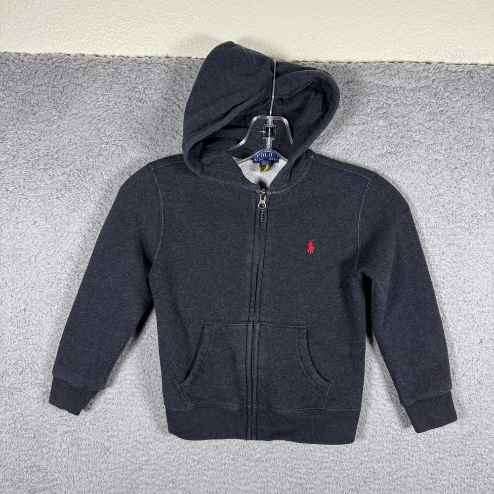 Polo Ralph Lauren Boys Charcoal Gray Full Zip Fleece Hoodie Size 5 Red Pony Logo
